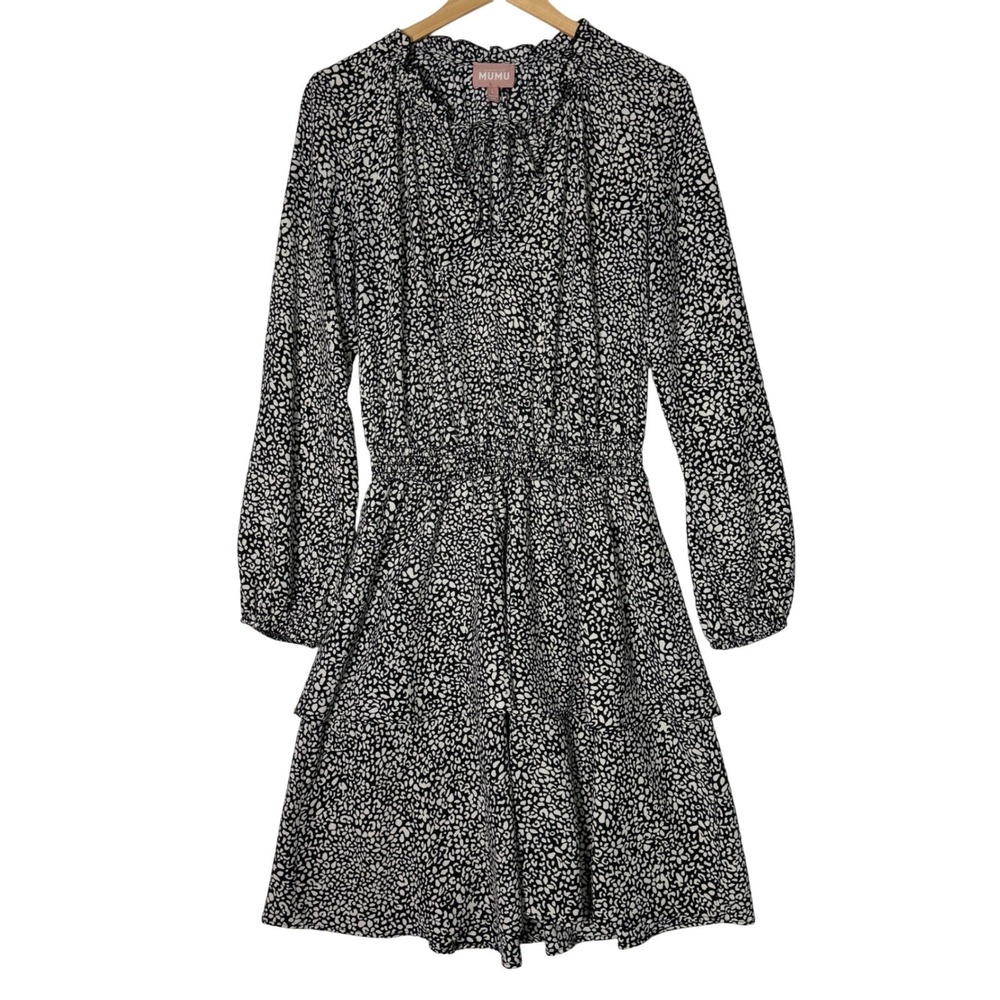 Show Me Your Mumu Womens Dress L Black Leopard Smocked Tiered Boho Mini Dress